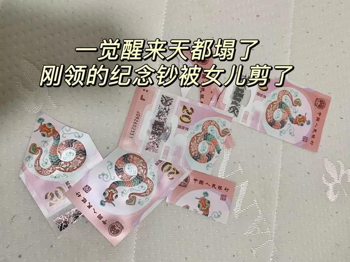 ✨一觉醒来天都塌了刚领的蛇年纪念钞被女儿当玩具贴纸剪了