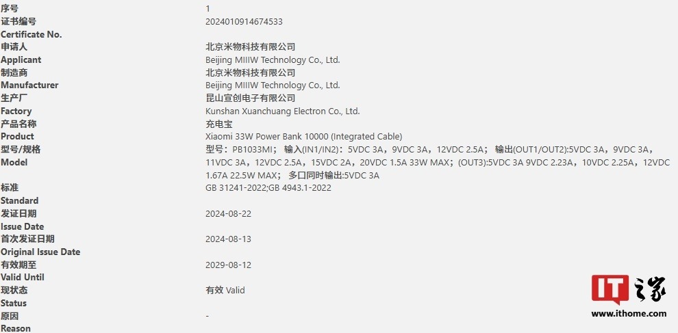小米自带线充电宝通过3C认证：10000mAh、支持33W快充