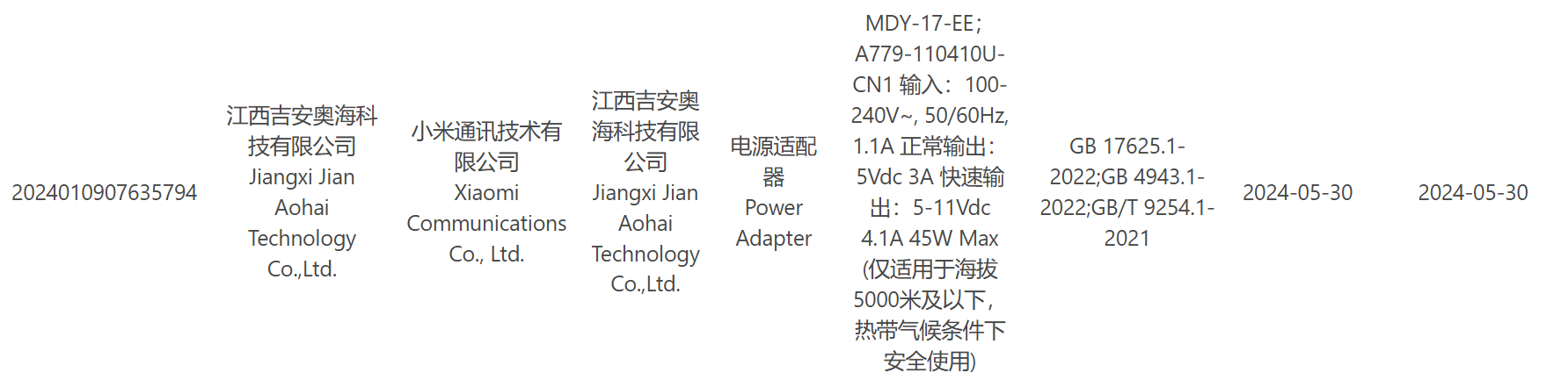 小米新款45W充电器通过3C认证，有望近期上市