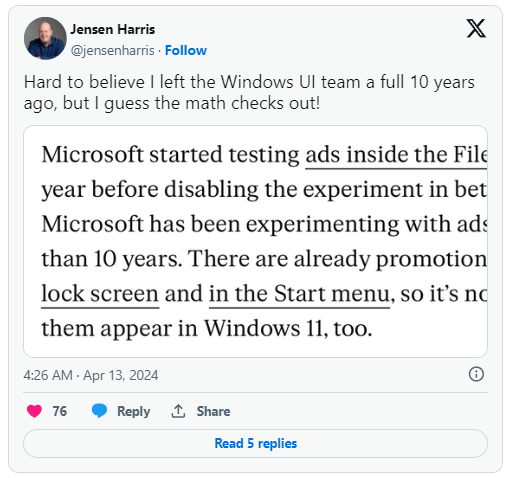 微软再遭前高管炮轰：前用户体验主管对Win11开始菜单广告表达不满